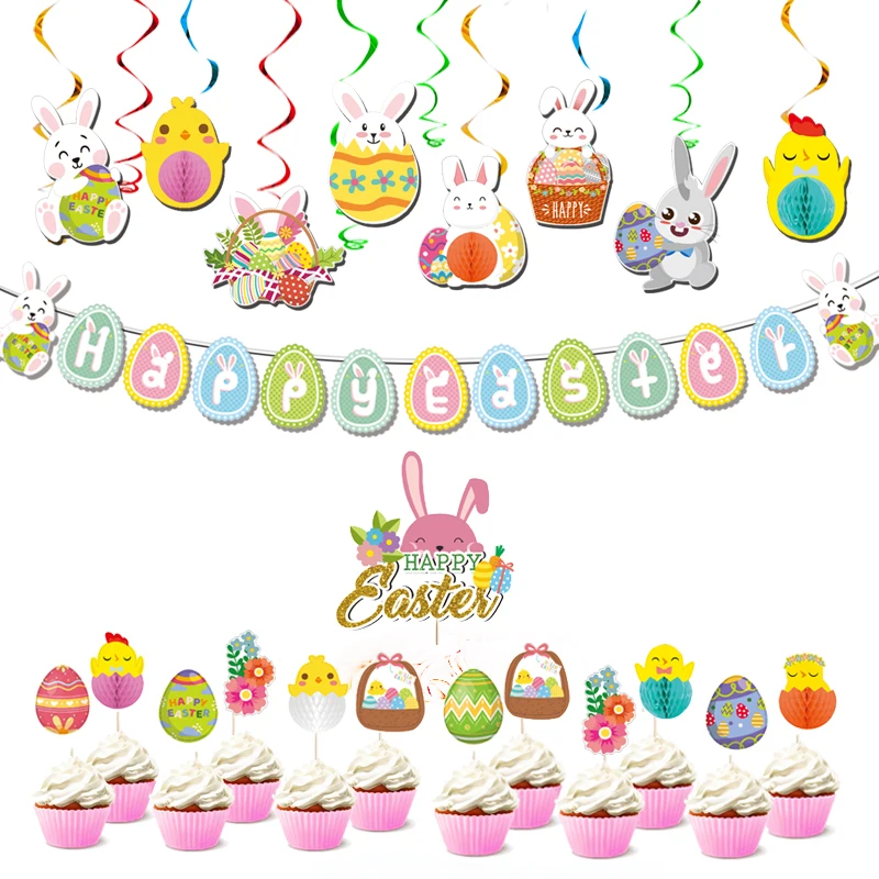 

2023 Easter Decorations for Home Swirl Banner Easter Eggs Bunny Ornaments Cake Topper Happy Easter Kids Toys Party Supplies