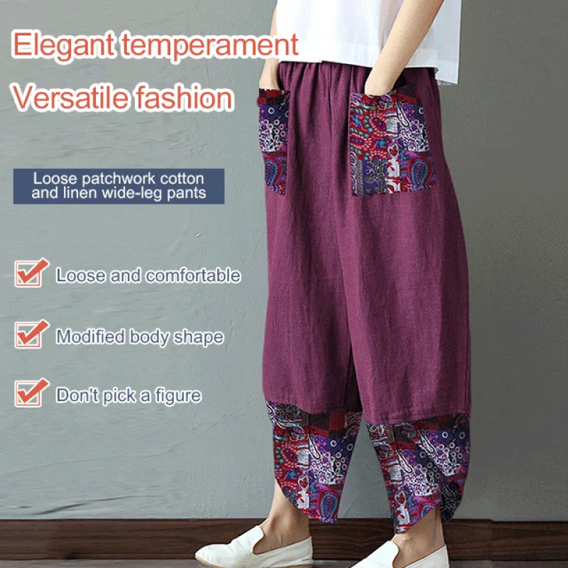 

Spring and Autumn New Floral Patchwork Cotton Linen Wide Leg Pants for Women Loose Casual Trousers