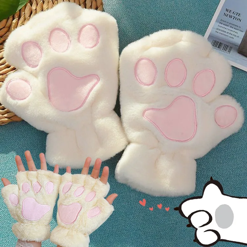 

Cute Plush Fingerless Panda Mittens Fluffy Cat Paw Claw Fingerless Gloves Warm Soft Half Finger Women Winter Wear Christmas Gift