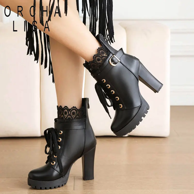 

ORCHA LISA Ankle Women Booties Round Toe Block Heels 10cm Platform Zipper Lace Up Belt Buckle Big Size 42 43 Sexy Dating Boots