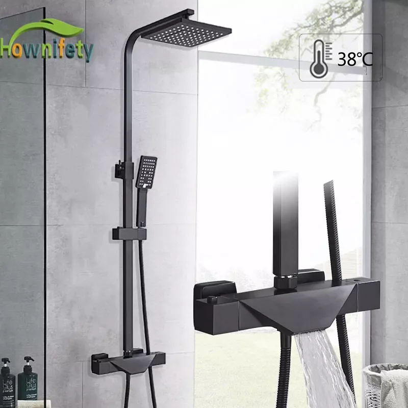 

Black/Chrome Thermostatic Shower Faucet Hot Cold Mixer Tap Bathroom Rain Shower Head Bath Shower Set Systems