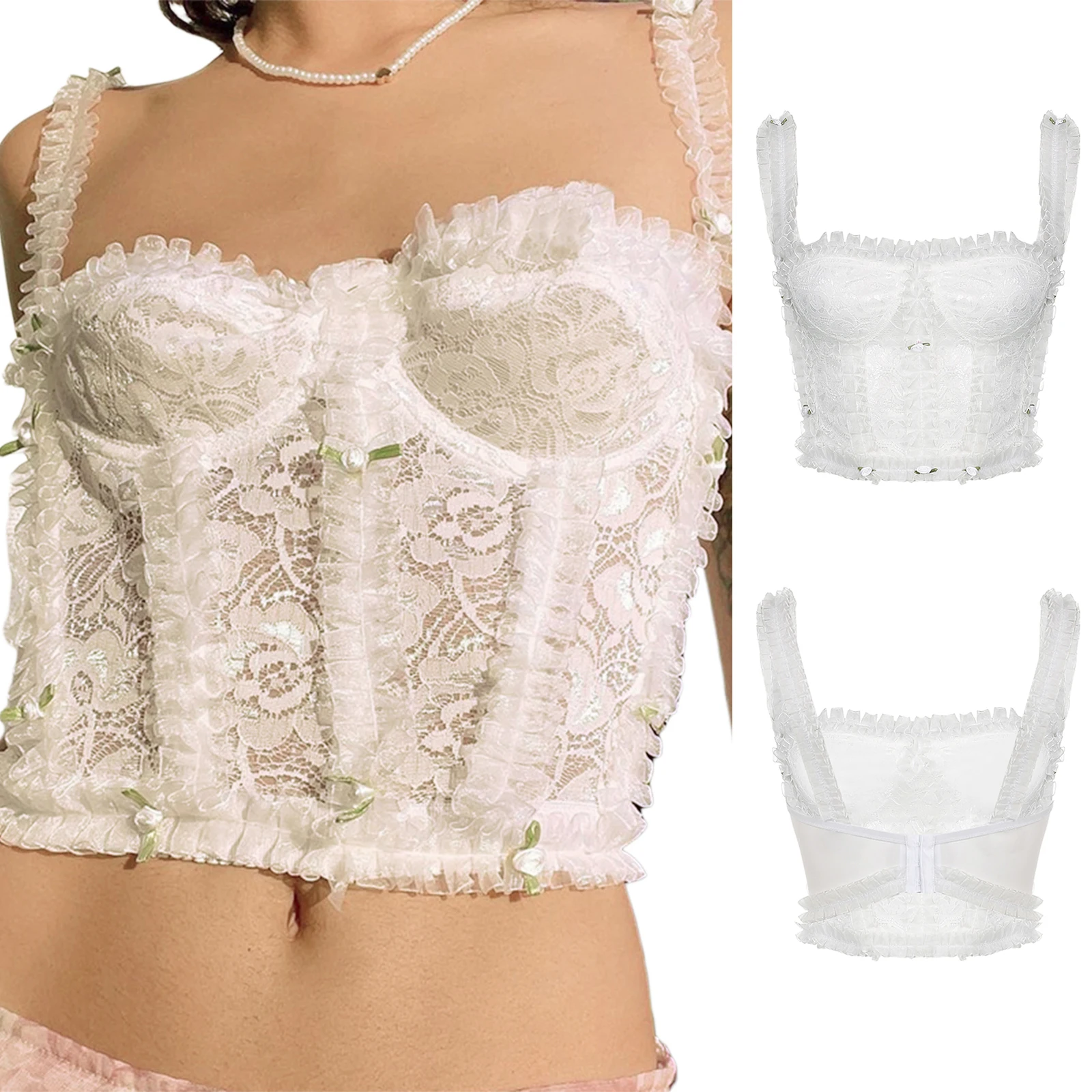 

Lace Splicing Sexy Camisole Ruffle Trim Decor See Through Yarn Slim Women Ladies Summer Wild Fashion Navel Sling Tops