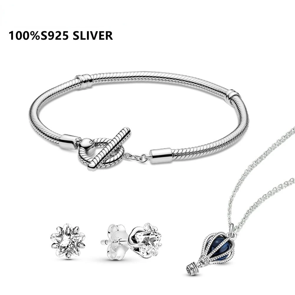 

Новинка 2022 г., браслет из стерлингового серебра 100% пробы в форме момента, Т-образный браслет с бриллиантами, подходит для бусин Pandora, очароват...