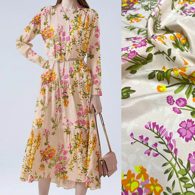 

140 см в ширину 18 мм цветной цветочный принт тянущаяся шелковая ткань крепдешин летний шарф длиной 1 метр D1190