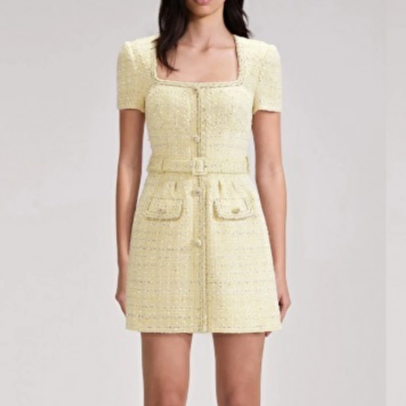 

Retro Yellow Short-sleeved Trapezoidal Collar Dress High Waist Slimming Women Small Dress with Belt