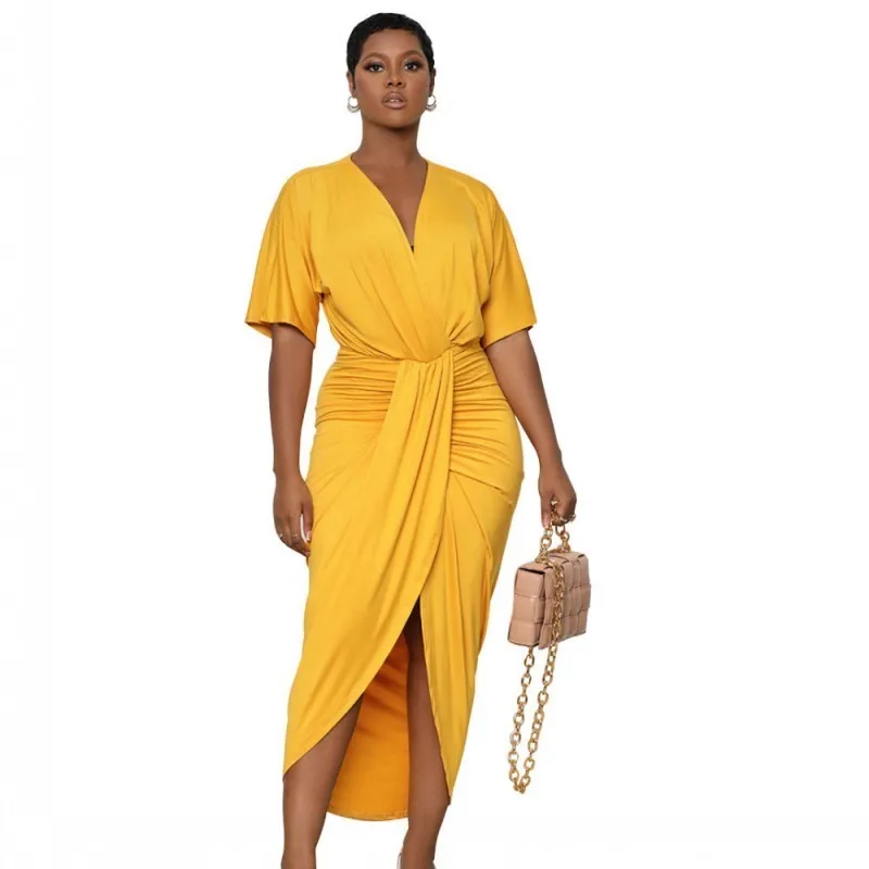 

African Temperament Commuter Urban Casual Women's V Neck Short Sleeved Slim Fit Folds Irregular Slit Bag Hip Dress Summer 2XL