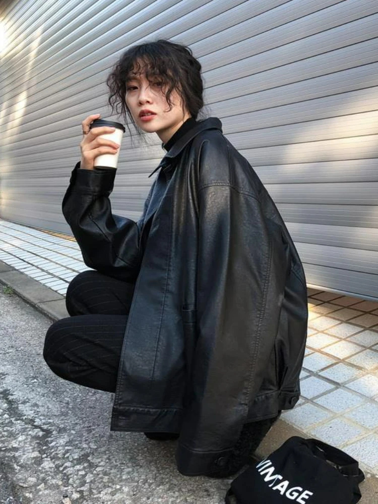 Winter Black Leather Jacket Women 2022 Autumn Korean Loose Thin Moto Jacket Female Fashion Streetwear Lady Outerwear Biker Coats