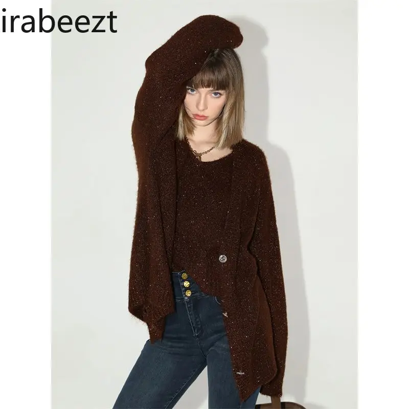 Spring and Autumn Thick Glittered Knitted Sweater Relaxing Temperamental Cardigan Jacket Three-piece Set