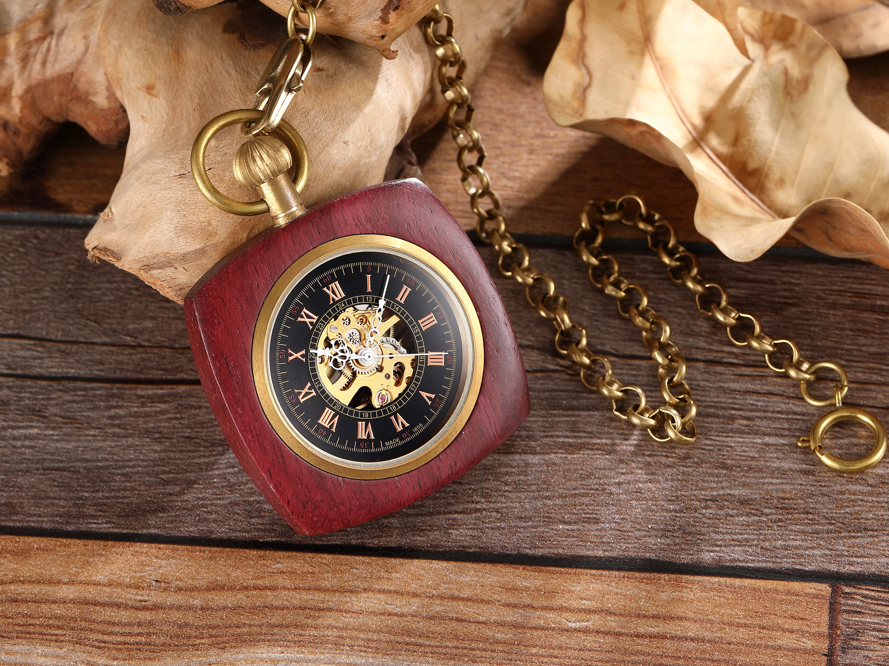 Royal Square Bamboo Mechanical Pocket Watch Special Rome Cover Digital Chain Watch Face Alloy Pendant Necklace Male 2023