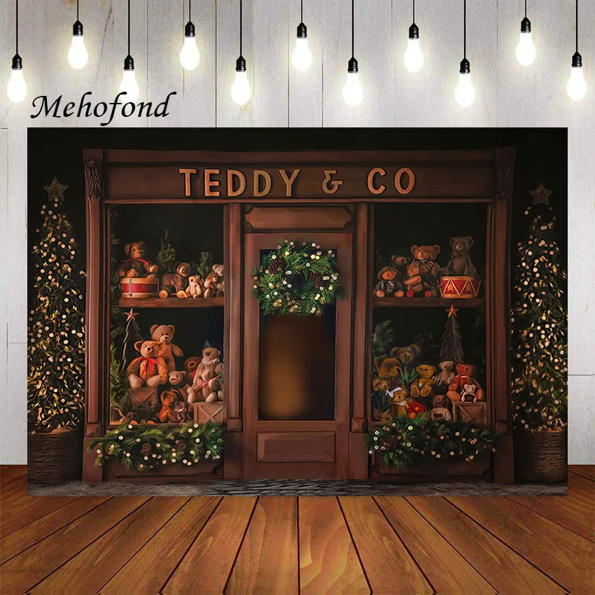 

Mehofond Photography Background Winter Christmas Window Toy Bears Shop Xmas Tree Kid Family Portrait Decor Backdrop Photo Studio