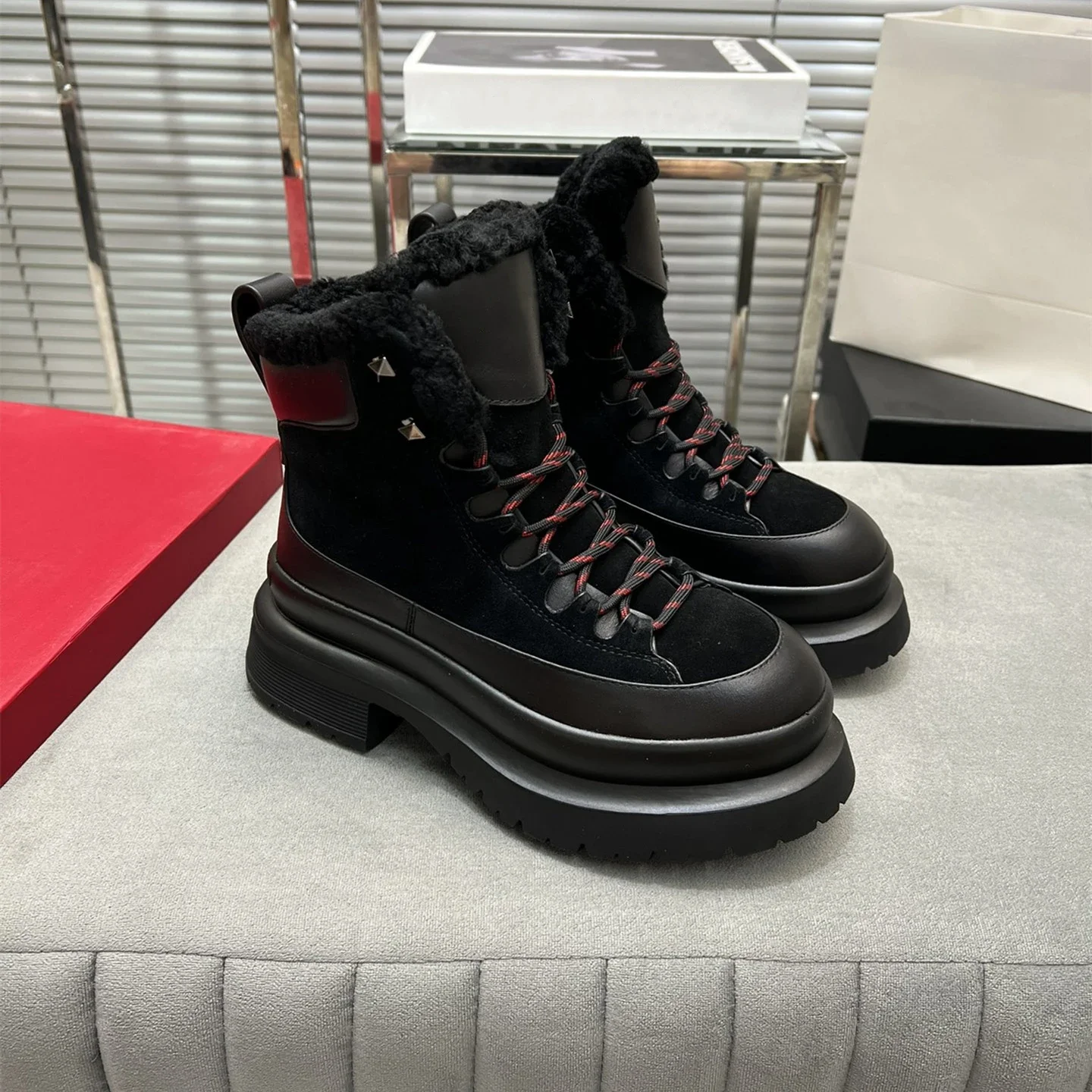 

Shoes For Women Size35-41 Natural Cow Suede Boots Med Heels Rivet Wool Snow Boots Flat Platform Designer Shoes Zapatillas Mujer