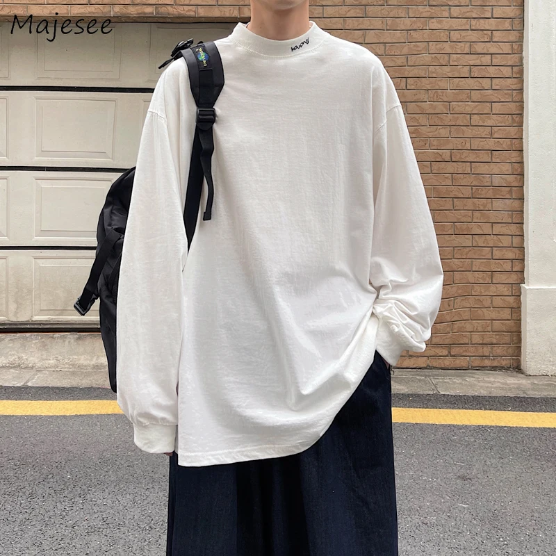 

T-shirts Men Loose Solid Mock Neck Spring Drop Sleeve BF All-match Basic Oversize Simple Harajuku Clothing Camisetas Minimalist