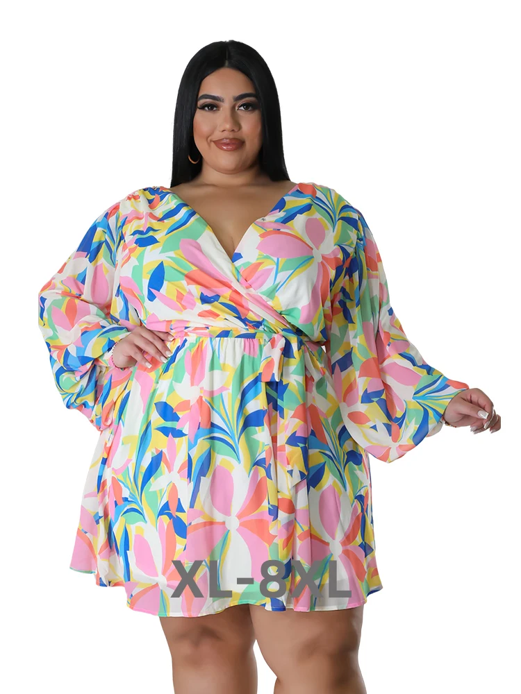 

Plus Size Women's Dress Long Sleeve Deep v Floral Print Sexy Dresses Elegant Spring Autumn Party Vestidos 3xl 4xl 5xl 6xl