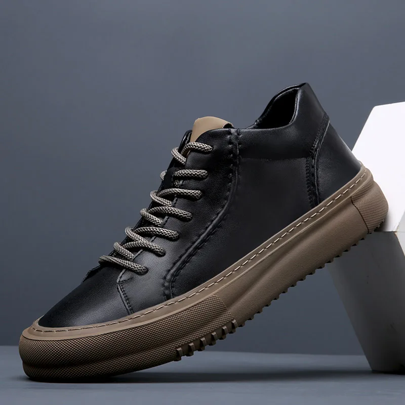 

Leather Men's Sneakers High Quality Fashion Skateboard Shoes Rubber Thick Bottom Mid-Top Shoes Outdoor Sport Men Shoes