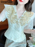 fashion gold sequined lace shirt for women embroidery design chic short sleeve lace up waist top ladies sweet blusas 2022 summer