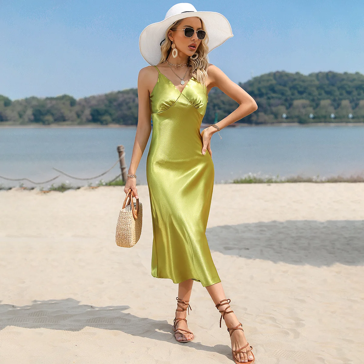 

Sexy Women Satin Corset Party Beach Dress Elegant Fashion Strap V Neck High Waist Halter Sleeveless Vacation Cocktail Dress