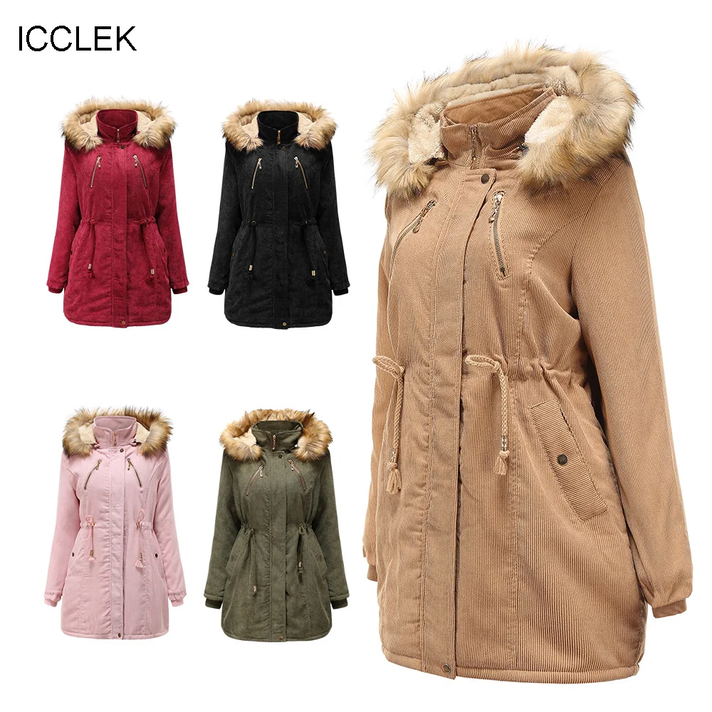 ICCLEK New women's hooded corduroy coat women's winter cotton coat thickened medium and long warm coat