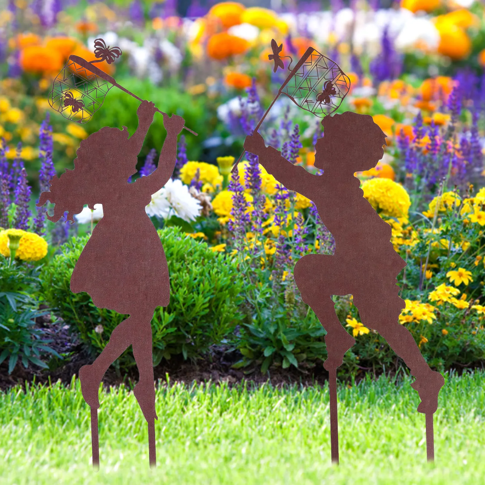 

2Pcs Boy And Girl Metal Silhouette Garden Decor Chasing Butterfly Vintage Garden Outdoor Decor Yard Metal Stake Patio Decor