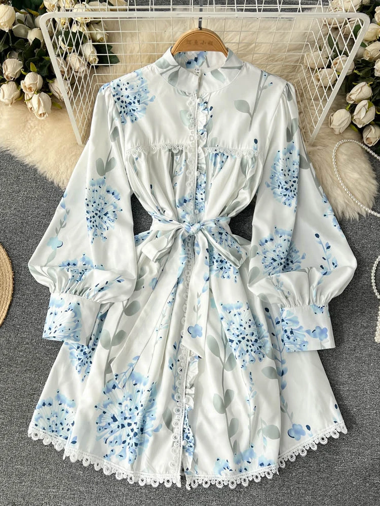 

Elegant Printed Lace Dress Women 2023 Spring and Summer Stand Collar Lantern Sleeve Short Dresses Women Lace Up Waist Slim Dress