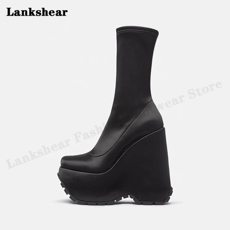 2022 New Round Toe Wedge Heel Thick Bottom Boots Super High Heel Slip On Satin Elastic Large Size Short Boots Women's Boots