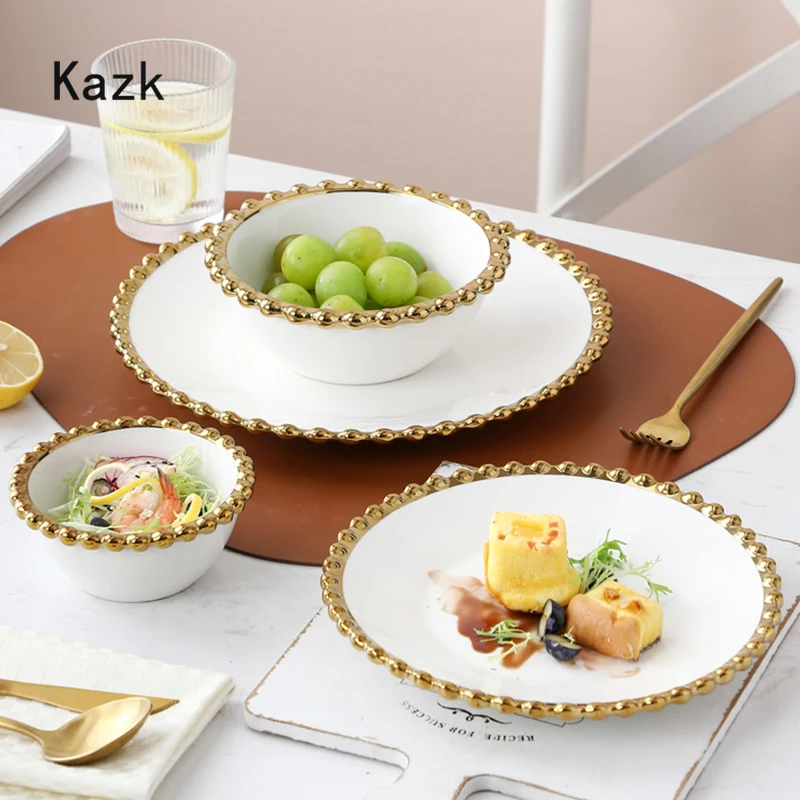 

Светильник Кая Роскошная керамическая тарелка с золотым жемчугом, скандинавские западные обеденные тарелки и миски, тарелки для спагетти, десертная тарелка для салата, посуда