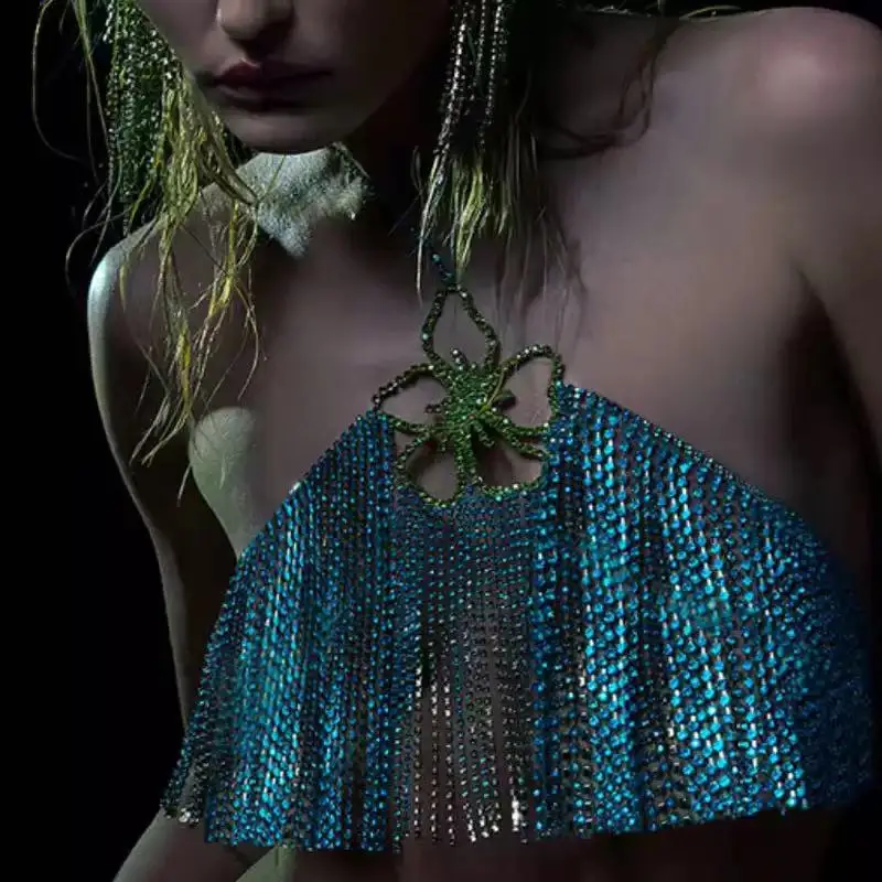 

Fashion Rhinestone Women Green Tassel Bra Harness Lingerie Strap Crystal Bling Bikini Sexy Flower Body Chain Nightclub Jewerly