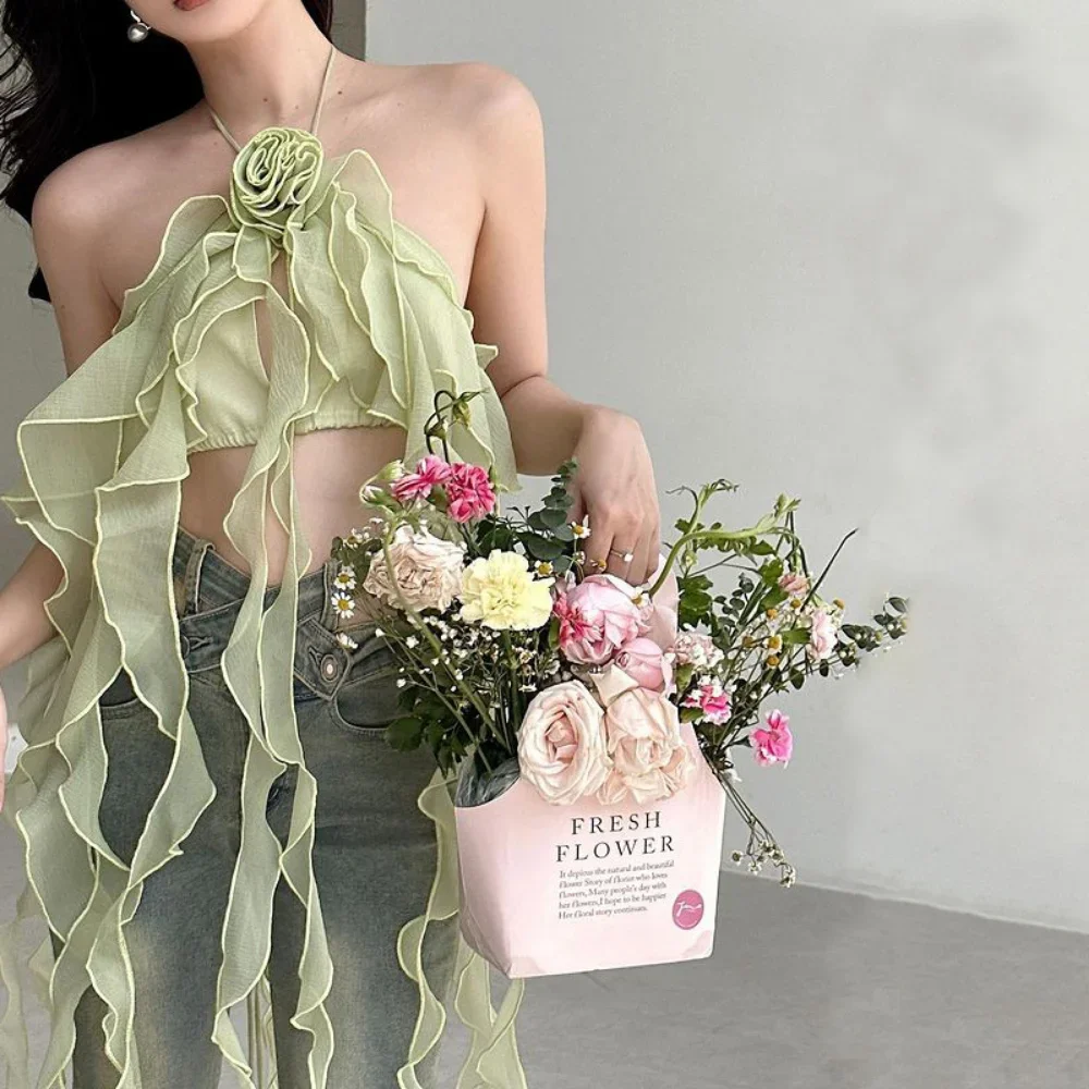 Женский укороченный топ с воланом асимметричная блузка открытой спиной и