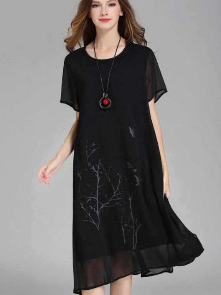 

2022 New Summer Middle Aaged Women Flower Print Chiffon Causal Midi Dress Female Mother 4xl Dresses Vestitos W147