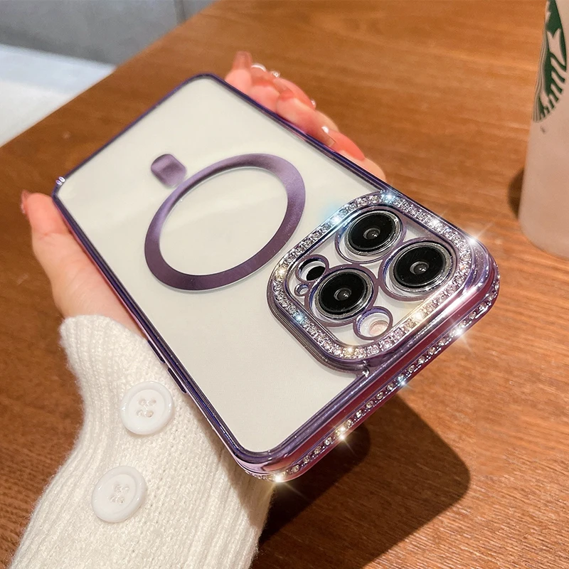 

For Magsafe Wireless Charging Case For iPhone 14 13 12 11 Pro MAX Shockproof Luxury Diamond Glitter Transparent Silicone Cover