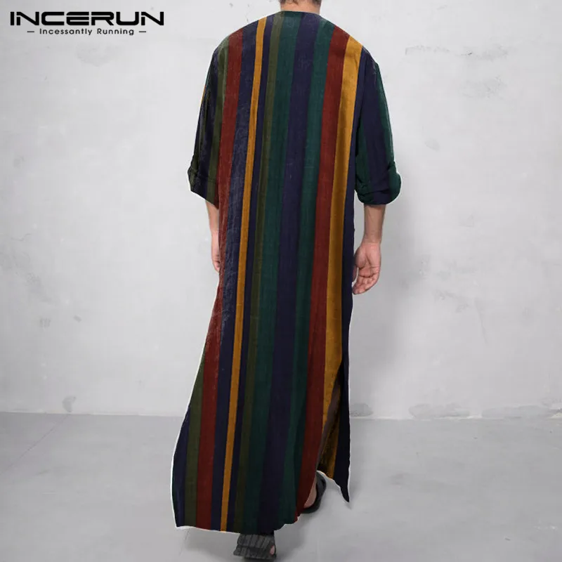 INCERUN Men Ethnic Robes Vintage Striped Long Sleeve Muslim Kaftan Robes Button Jubba Thobe Pockets Dubai Arabic Clothing S-5XL