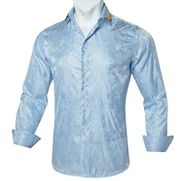 sky blue turn down collar shirt for men silk luxury pasiley man shirts fashion slim long sleeve shirt casual male blouse wedding