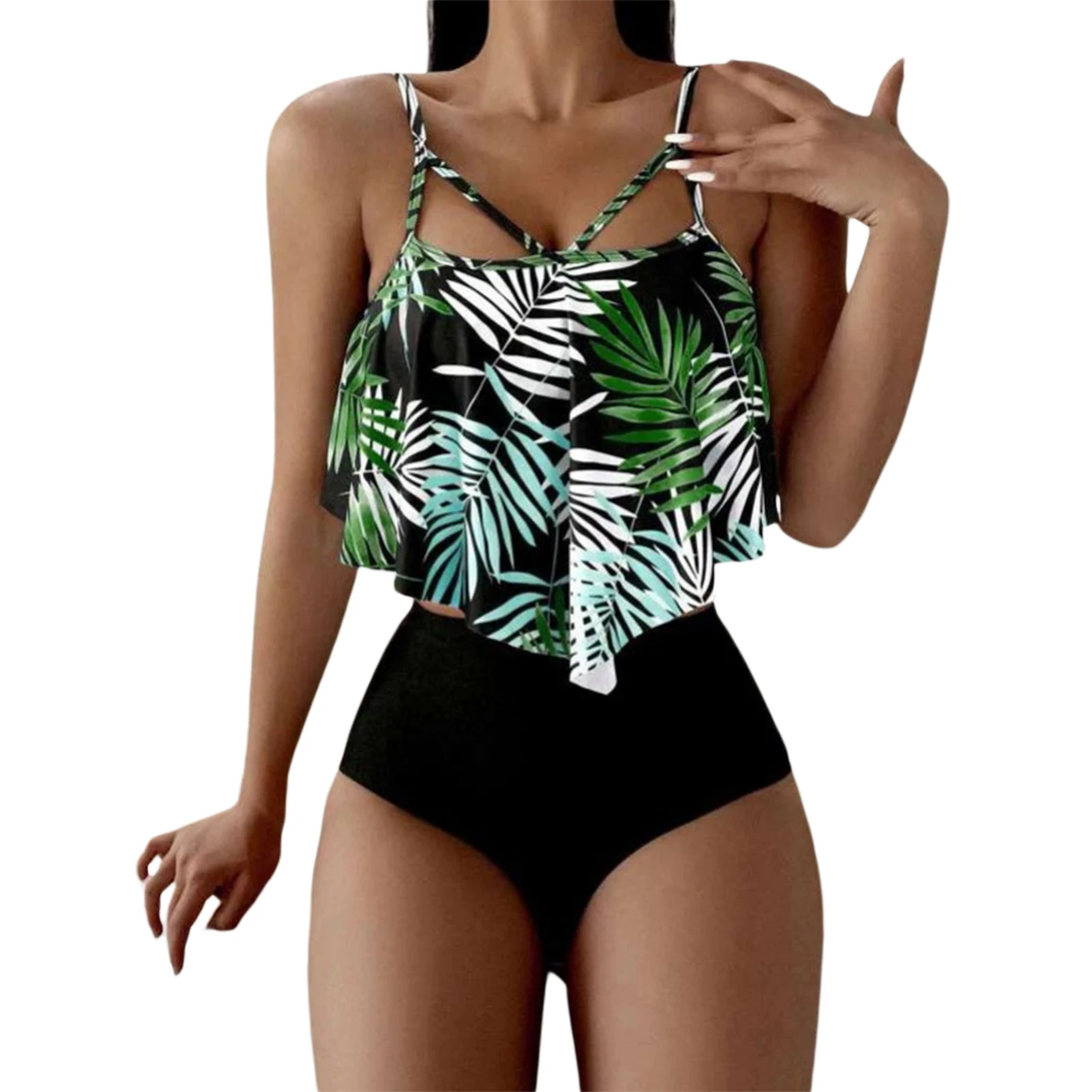 

Women's Two-Piece Bathing Suit Leaf Print Spaghetti Straps Bikini Tops + Solid Color High Waist Bathing Panties