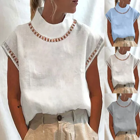 Button up Women Blouse Solid Color Summer Hollow Out Pullover Lace Loose Short Sleeve Shirts camisas y blusas mujer Top 2023 New