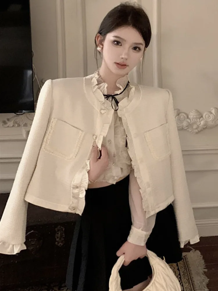 

Женская куртка из твида, маленькая Повседневная куртка свободного покроя в Корейском стиле, короткая куртка во французском стиле, Осень-зима