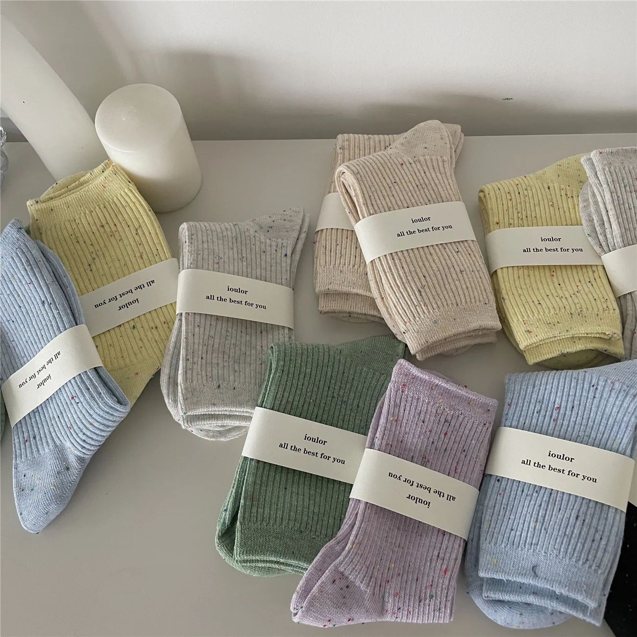Winter Tweed Crew Socks for Women Cotton Marled White Purple Striped Rainbow Knee High Socks 7 Pairs/ Lot