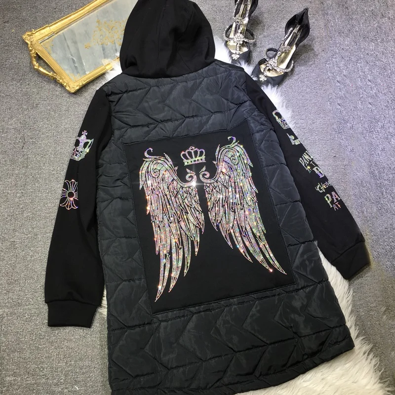 High Quality Crown Wings Hot Drilling Women Parkas Autumn Winter Mid-length Hooded Wadded Jacket Streetwear Cotton-padded Coat