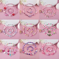 wholesale pink color 2pcsset cartoon starfish wooden beads childrens necklace bracelet for holiday birthday gift party jewelry