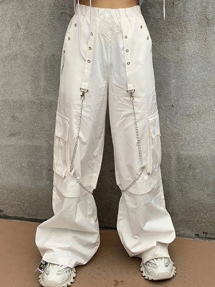 

2023 Harajuku Gothic White Cargo Pants With Chain Hip Hop Women Mall Goth Hippie Punk Loose Baggy Oversize Korean Style Trousers