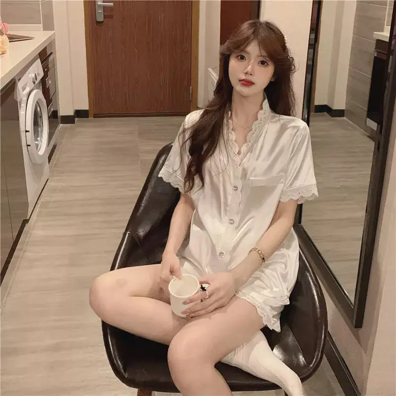 Summer short sleeved pajamas women's ice silk thin student  plus size cute loungewear two-piece set spring autumn and summer