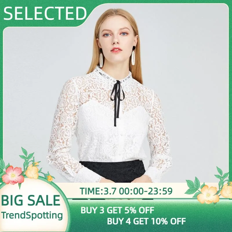 

SELECTED Women's Hollow Lace Blouse Shirts Casual White Bow Tops G|420105522