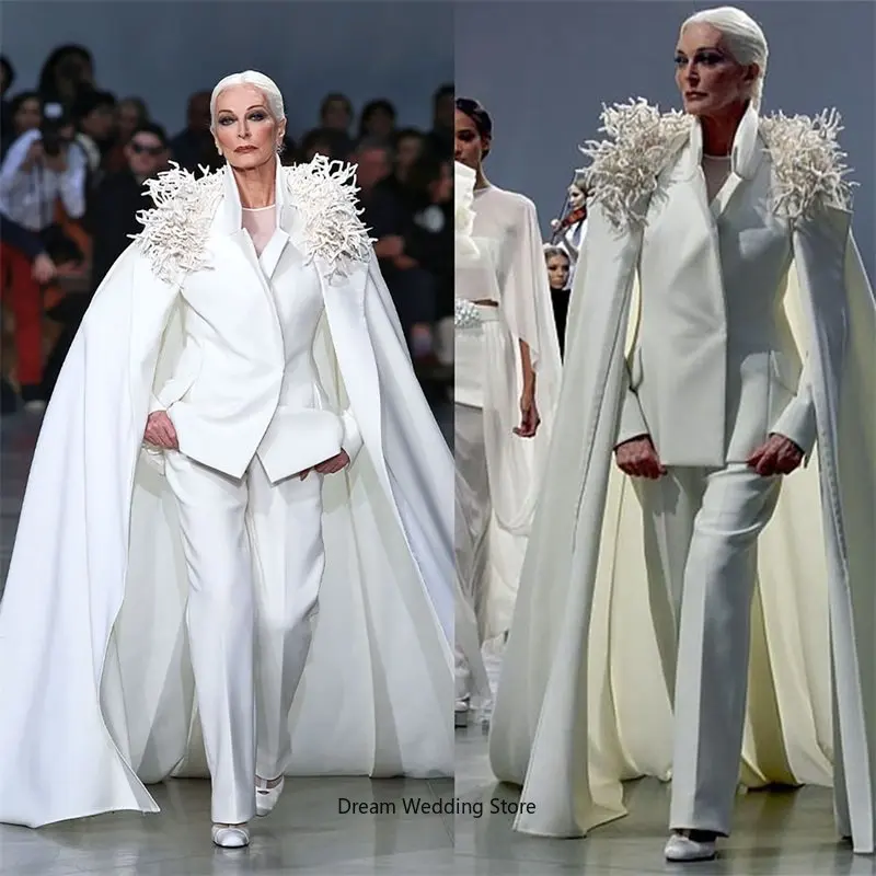 

Designer Women Suit Set Blazer With Wrap+Pant Single Formal Red Carpet Female White Cloak Evening Party Prom Dress Custom Made