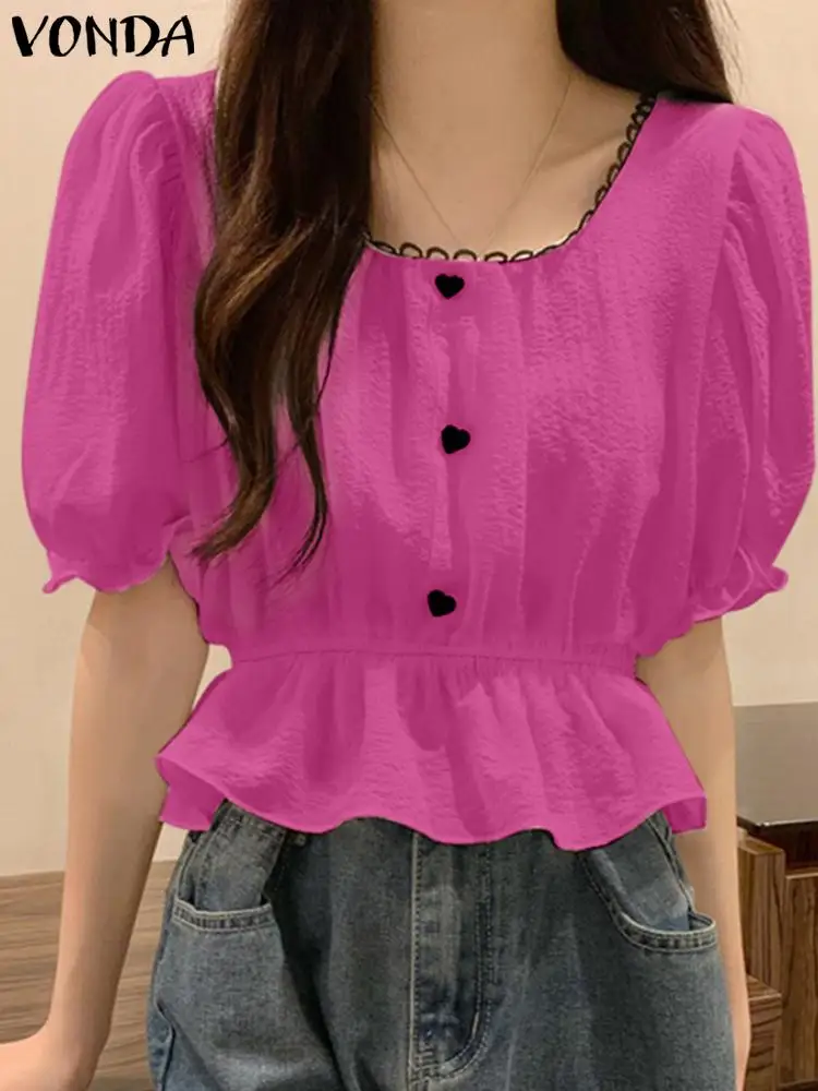 

Women Elegant Blouses 2023 VONDA Summer O-Neck Short Puff Sleeve Shirts Casual Tunic Tops Elastic Waist Shirts Blusas Femininas