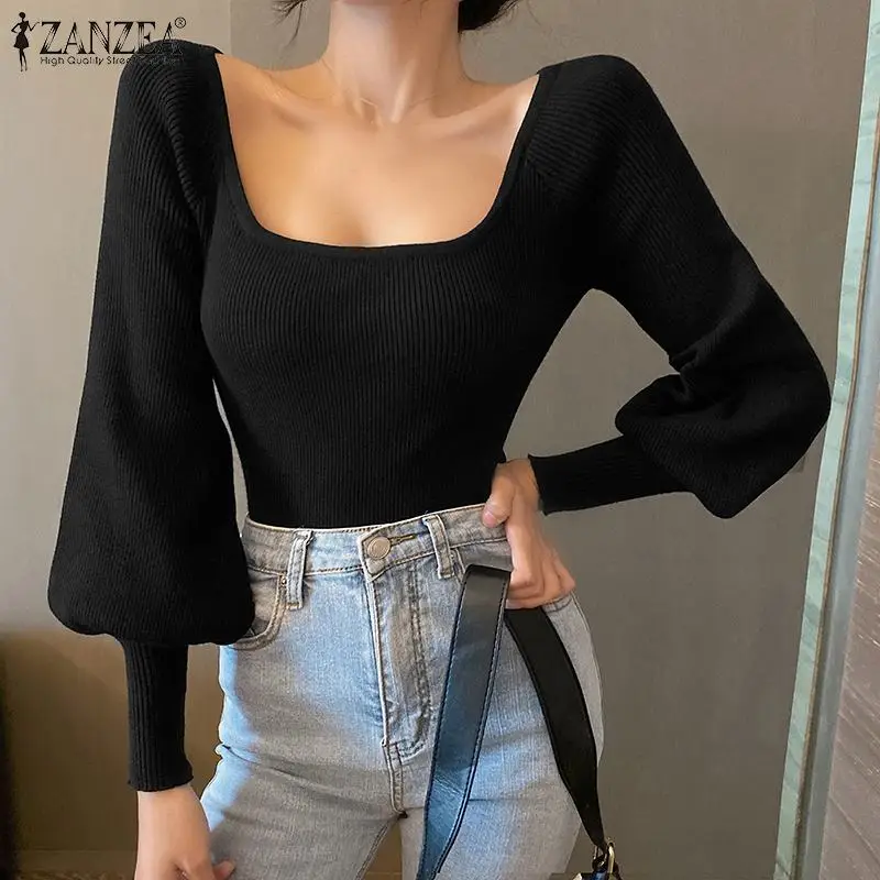 

Модные однотонные футболки ZANZEA, женские облегающие вязаные топы, весна 2022, футболки с длинным рукавом, женские повседневные блузы для вечер...