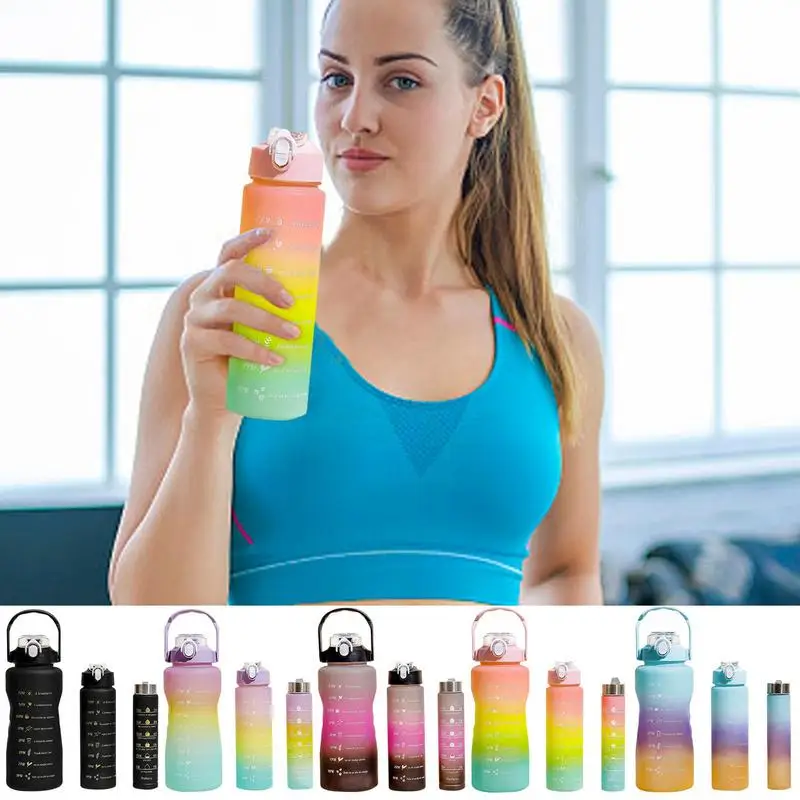 

Sports Water Bottle Three-Piece Leak-Proof Gym Water Bottle Set Portable & Smart Frosted Shaker Bottle Plastic Bottle Drinkware