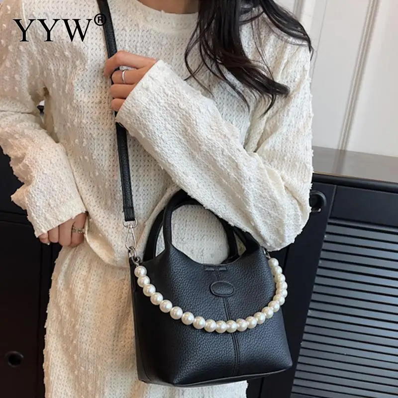 Crossbody Women Handbag Lychee Pattern PU Leather Designer Large Capacity Tote Bag with Pearl Chain Portable Handheld Package