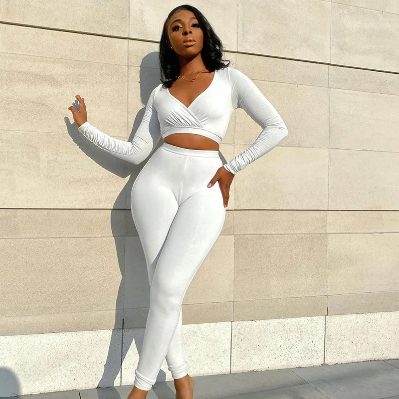 

Zabrina однотонный комплект из двух предметов, женский короткий топ с глубоким V-образным вырезом и длинным рукавом, облегающие брюки, костюмы, ...