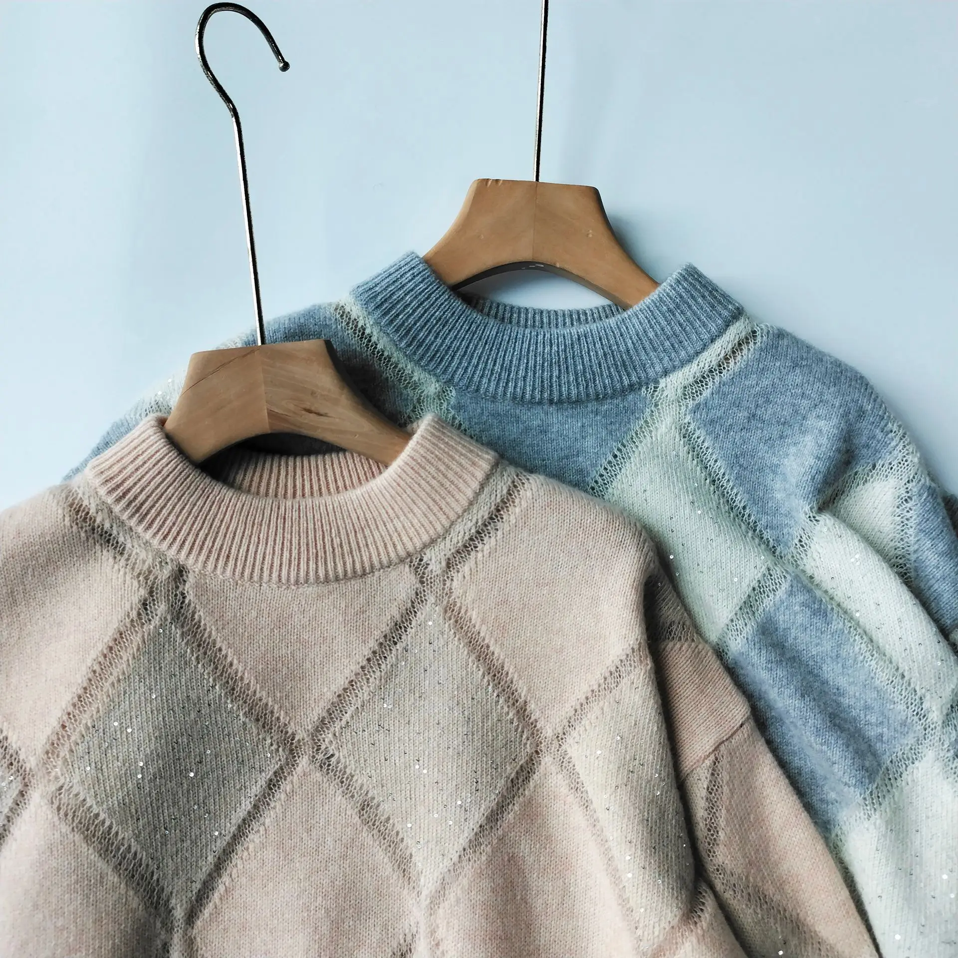 Шерстяной мохеровый свитер для женщин осень-зима ромбические блестки ажурный