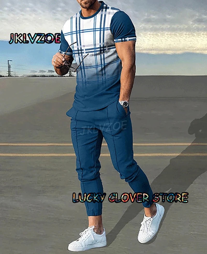 Summer Retro Suit Print Men Round Neck Trousers 2 Pieces Sets Tracksuit T-shirts +long Pants Trend Jogging Sportwear Clothing