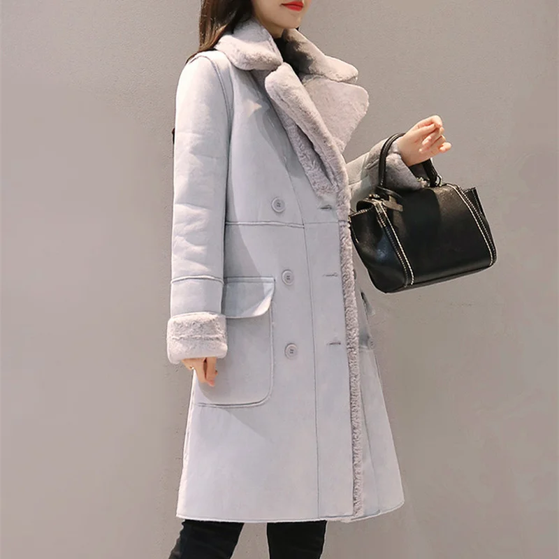 Women's Winter Warm Velvet Padded Faux Suede Long Coat Parka Winter Jacket Slim Solid Lapel Coat Women's Double-breasted Jacket