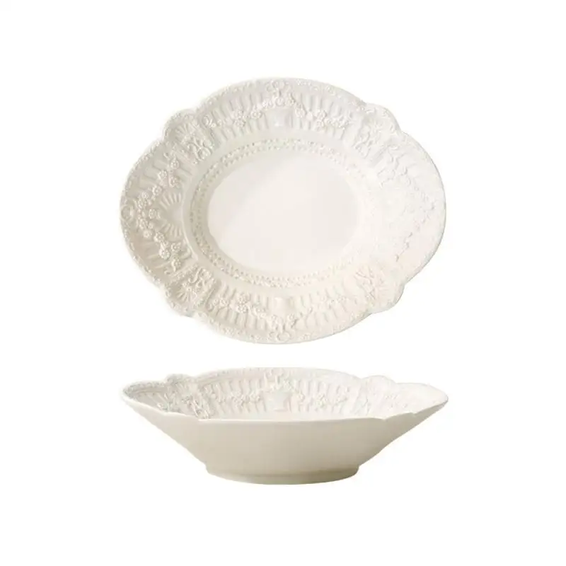 

European Antique Tableware Household Oval Embossed Breakfast Dessert Cake Vintage Carved Plate Porcelain Vintage Lace Plate